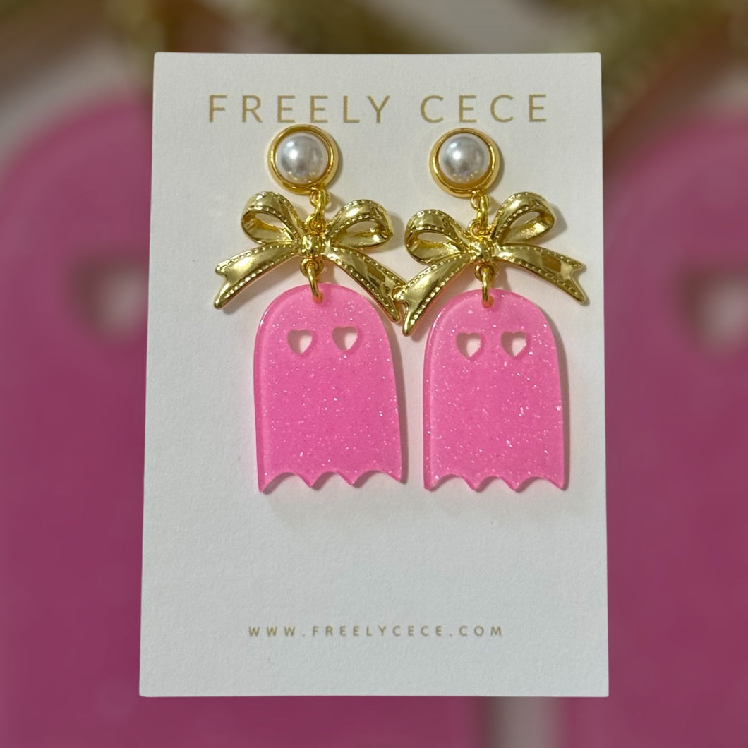 Pink Bow Ghost Earrings