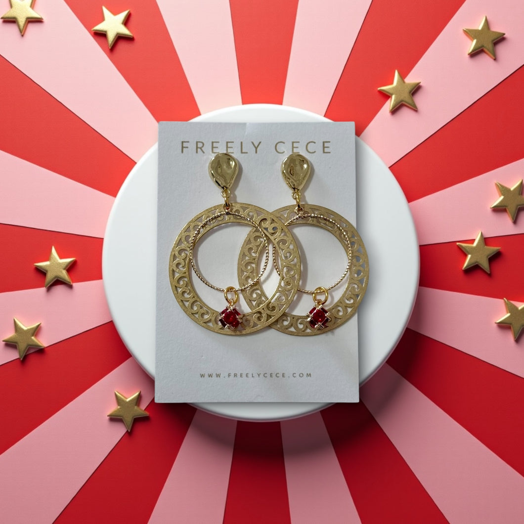 Red Gem Hoop Earrings