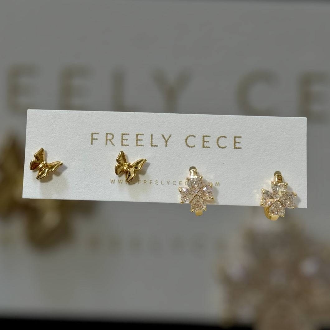 Butterfly & Clover Stud Earring Duo