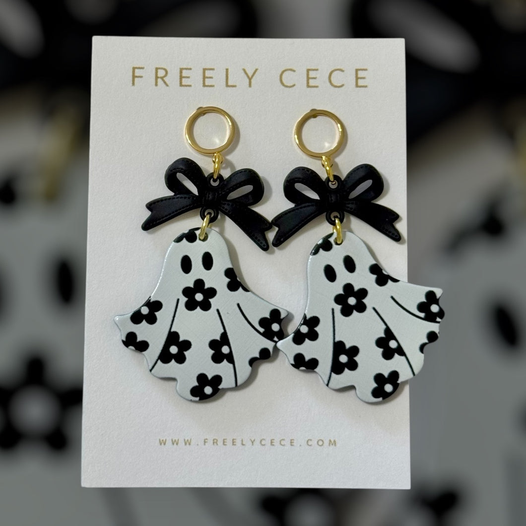 Black Bow Floral Ghost Earrings