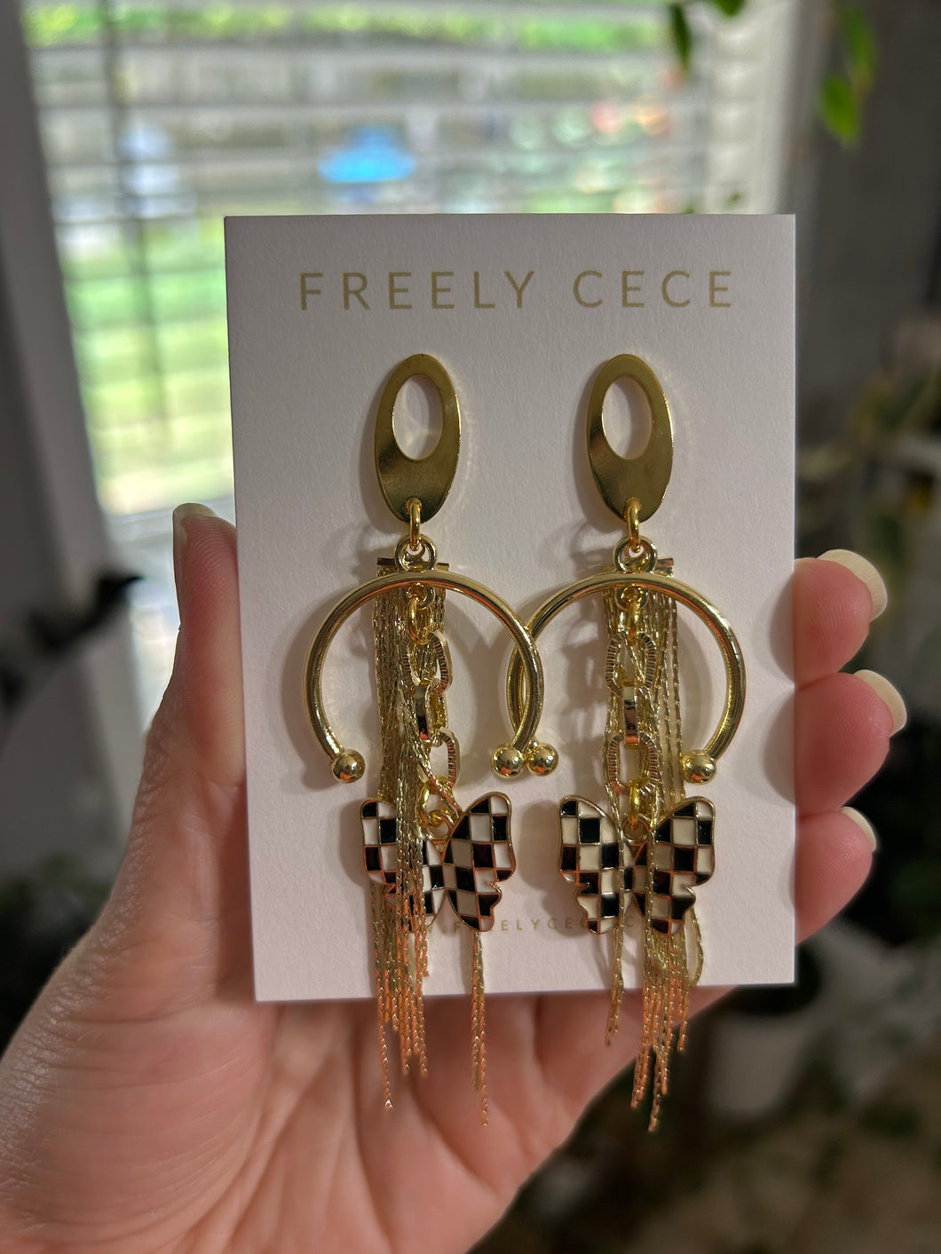 Checkered Butterfly Fringe Earrings