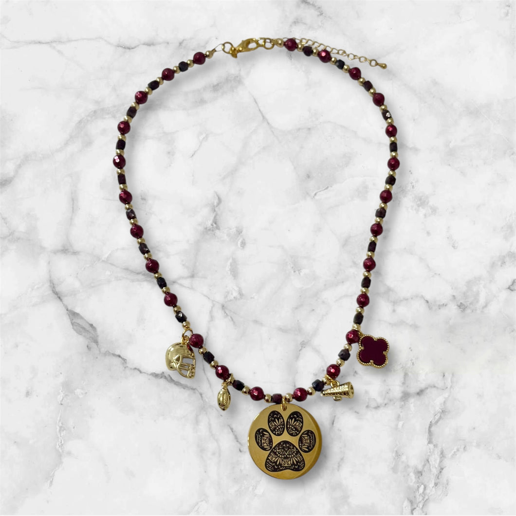 Maroon & Gold Beaded Charm Necklace