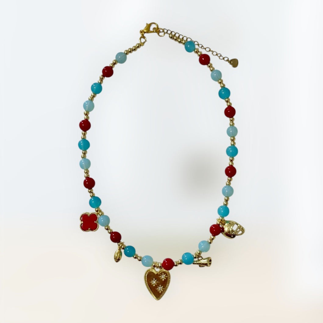 Red & Blue Beaded Charm Necklace